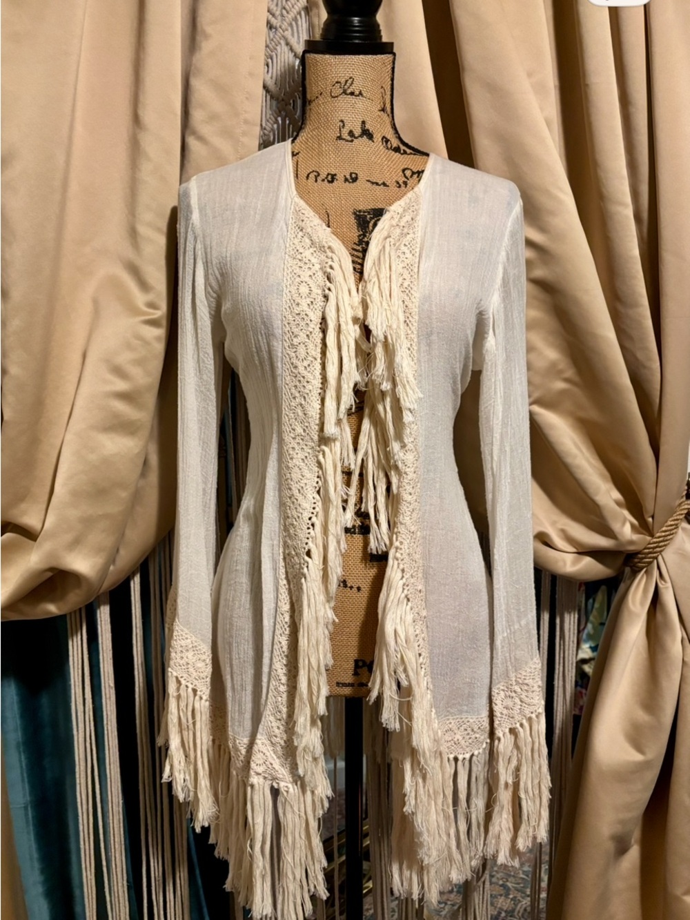 Elan Cream Fringe Crochet Open Cardigan